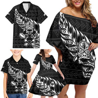 New Zealand Rugby Warrior Custom Family Matching Off Shoulder Short Dress and Hawaiian Shirt Black Fern Taniko Motif LT9 - Polynesian Pride