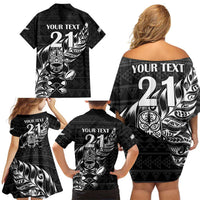 New Zealand Rugby Warrior Custom Family Matching Off Shoulder Short Dress and Hawaiian Shirt Black Fern Taniko Motif LT9 - Polynesian Pride