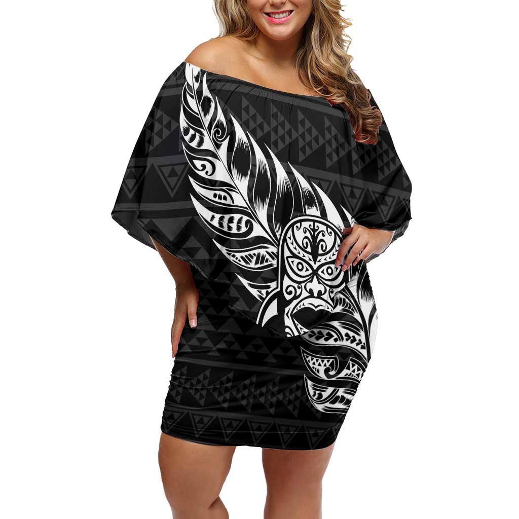 New Zealand Rugby Warrior Custom Family Matching Off Shoulder Short Dress and Hawaiian Shirt Black Fern Taniko Motif LT9 Mom's Dress Black - Polynesian Pride