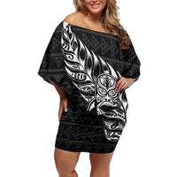 New Zealand Rugby Warrior Custom Family Matching Off Shoulder Short Dress and Hawaiian Shirt Black Fern Taniko Motif LT9 Mom's Dress Black - Polynesian Pride