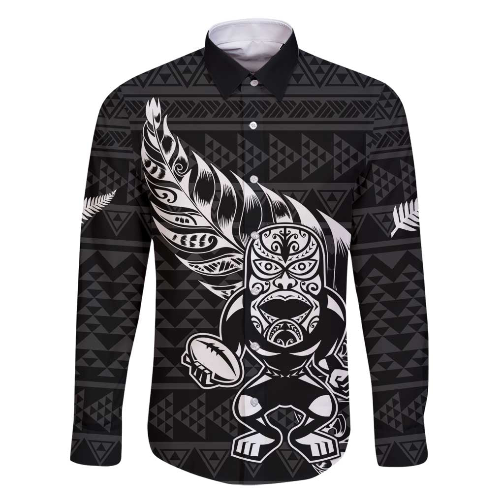 New Zealand Rugby Warrior Custom Family Matching Puletasi and Hawaiian Shirt Black Fern Taniko Motif LT9 Dad's Shirt - Long Sleeve Black - Polynesian Pride