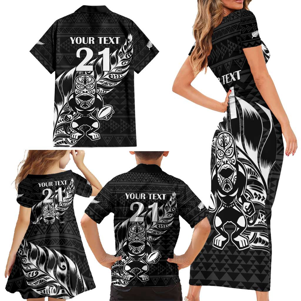 New Zealand Rugby Warrior Custom Family Matching Short Sleeve Bodycon Dress and Hawaiian Shirt Black Fern Taniko Motif LT9 - Polynesian Pride