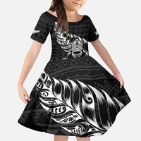 New Zealand Rugby Warrior Custom Family Matching Summer Maxi Dress and Hawaiian Shirt Black Fern Taniko Motif LT9 Daughter's Dress Black - Polynesian Pride