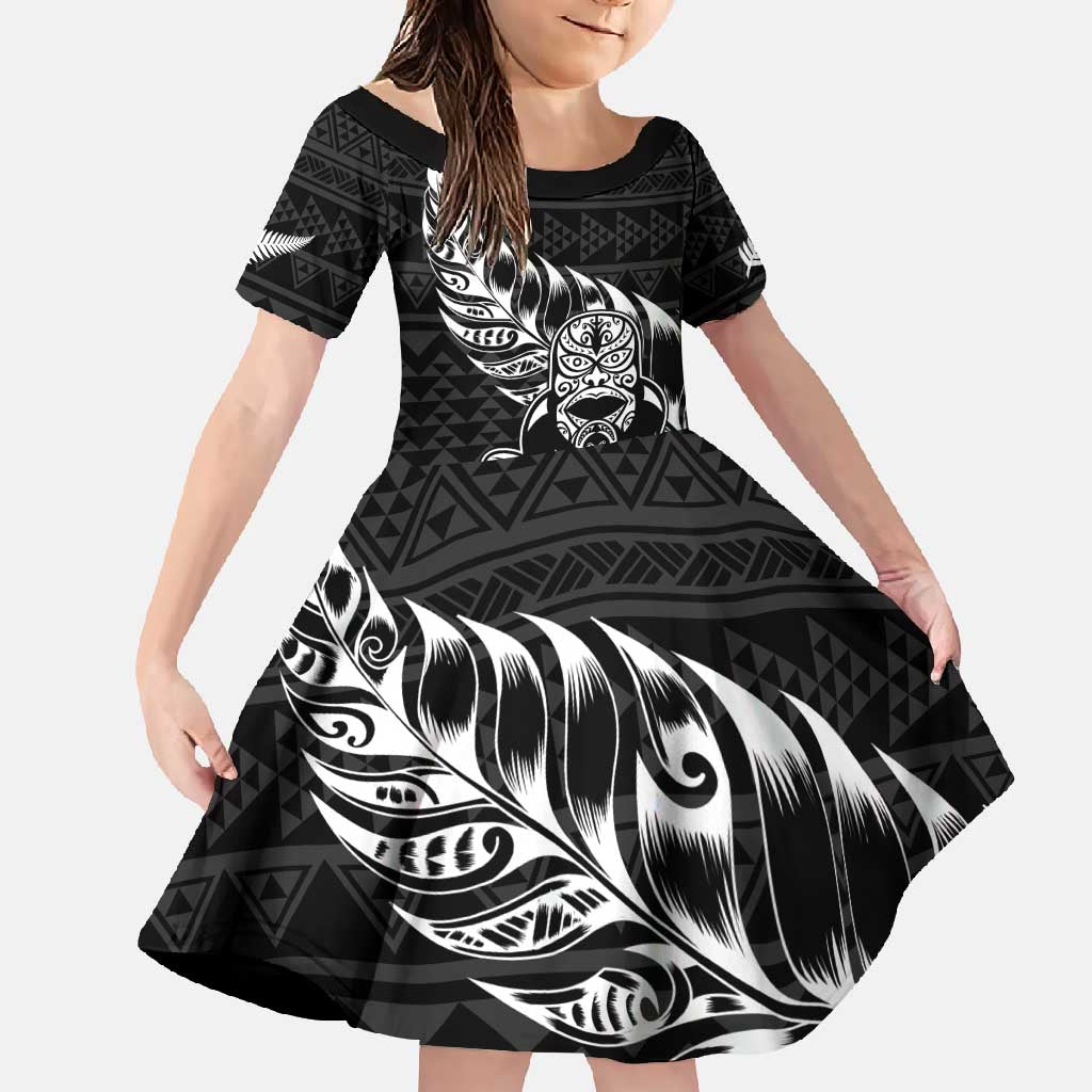 New Zealand Rugby Warrior Custom Family Matching Tank Maxi Dress and Hawaiian Shirt Black Fern Taniko Motif LT9 Daughter's Dress Black - Polynesian Pride