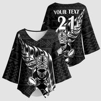 New Zealand Rugby Warrior Custom Kimono Sleeve Blouse Black Fern Taniko Motif - Polynesian Pride