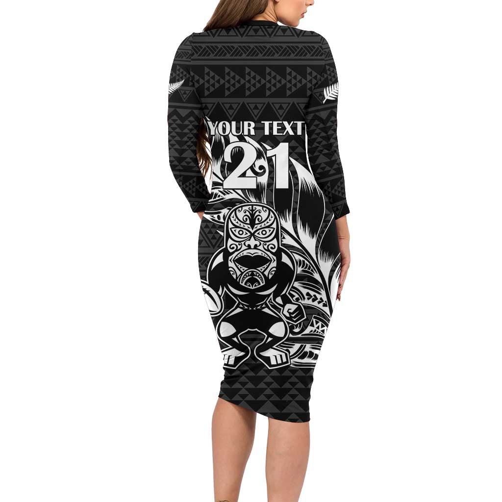 New Zealand Rugby Warrior Custom Long Sleeve Bodycon Dress Black Fern Taniko Motif LT9 - Polynesian Pride