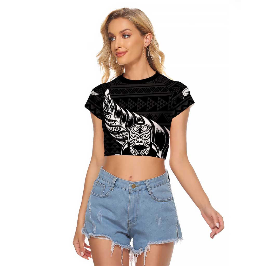 New Zealand Rugby Warrior Custom Raglan Cropped T Shirt Black Fern Taniko Motif