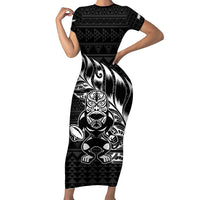 New Zealand Rugby Warrior Custom Short Sleeve Bodycon Dress Black Fern Taniko Motif LT9 Long Dress Black - Polynesian Pride