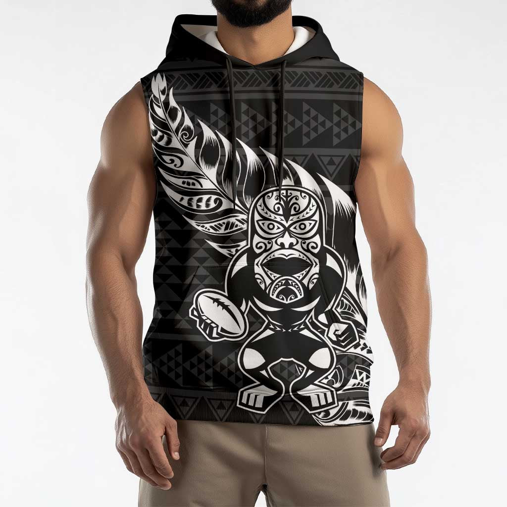 New Zealand Rugby Warrior Custom Sleeveless Hoodie Black Fern Taniko Motif - Polynesian Pride