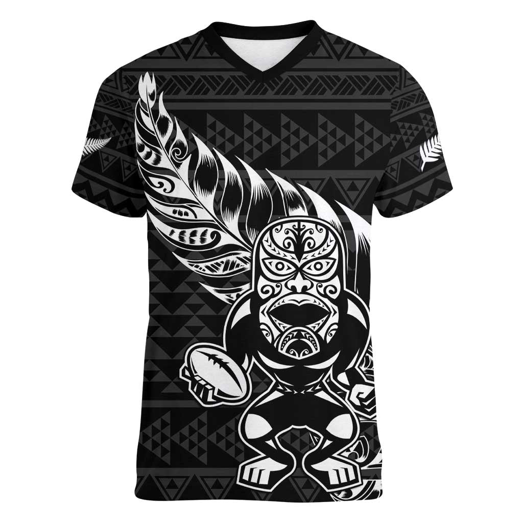 New Zealand Rugby Warrior Custom Women V-Neck T-Shirt Black Fern Taniko Motif LT9 Female Black - Polynesian Pride