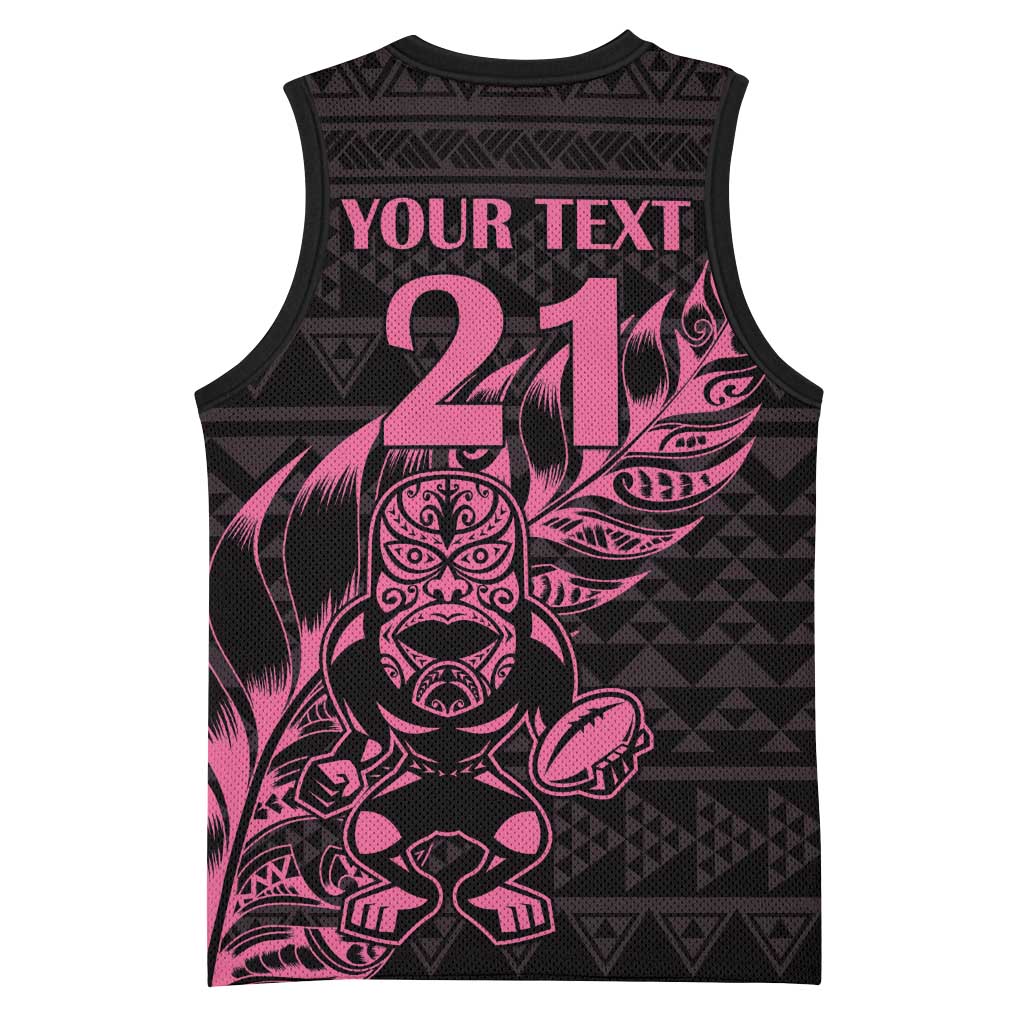 New Zealand Rugby Warrior Custom Basketball Jersey Pink Fern Taniko Motif - Polynesian Pride