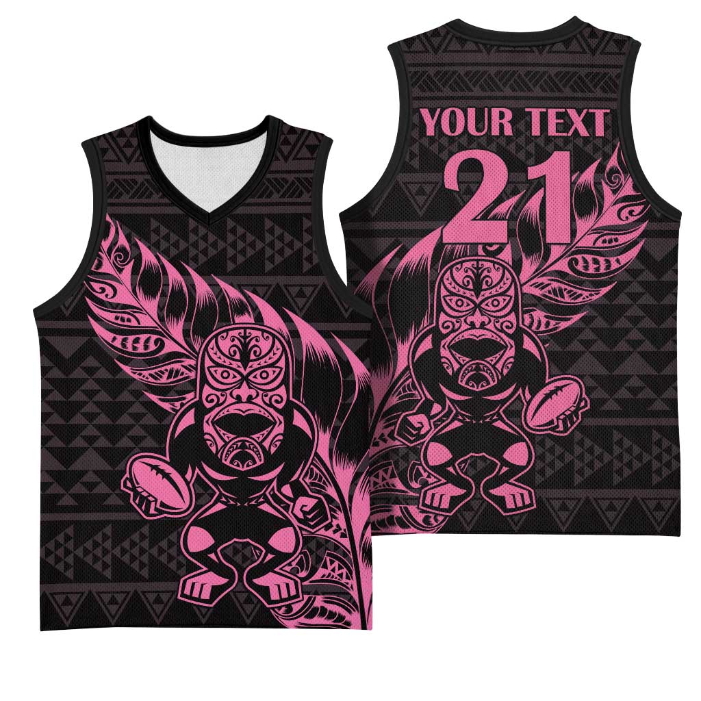 New Zealand Rugby Warrior Custom Basketball Jersey Pink Fern Taniko Motif - Polynesian Pride