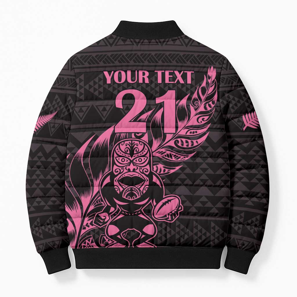 New Zealand Rugby Warrior Custom Bomber Puffer Jacket Pink Fern Taniko Motif - Polynesian Pride