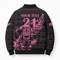 New Zealand Rugby Warrior Custom Bomber Puffer Jacket Pink Fern Taniko Motif - Polynesian Pride