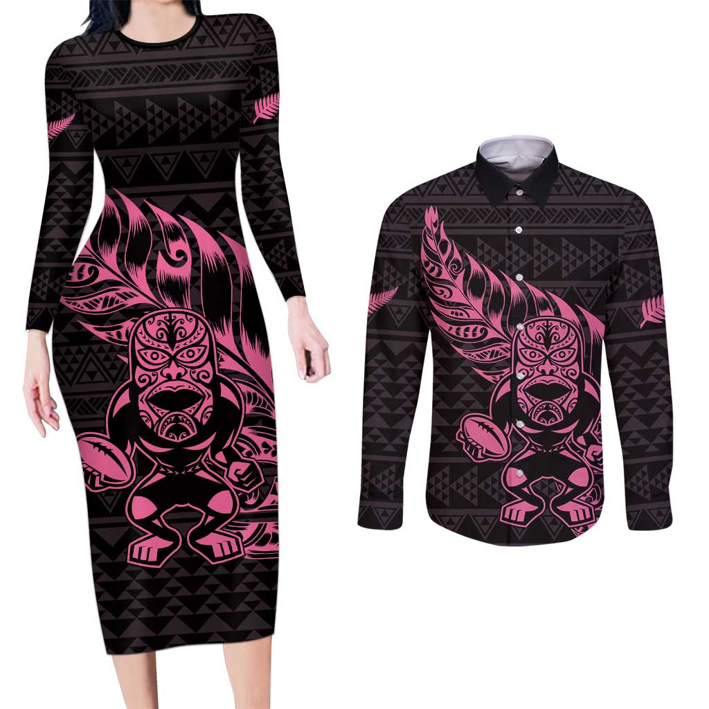 New Zealand Rugby Warrior Custom Couples Matching Long Sleeve Bodycon Dress and Long Sleeve Button Shirt Pink Fern Taniko Motif LT9 Pink - Polynesian Pride