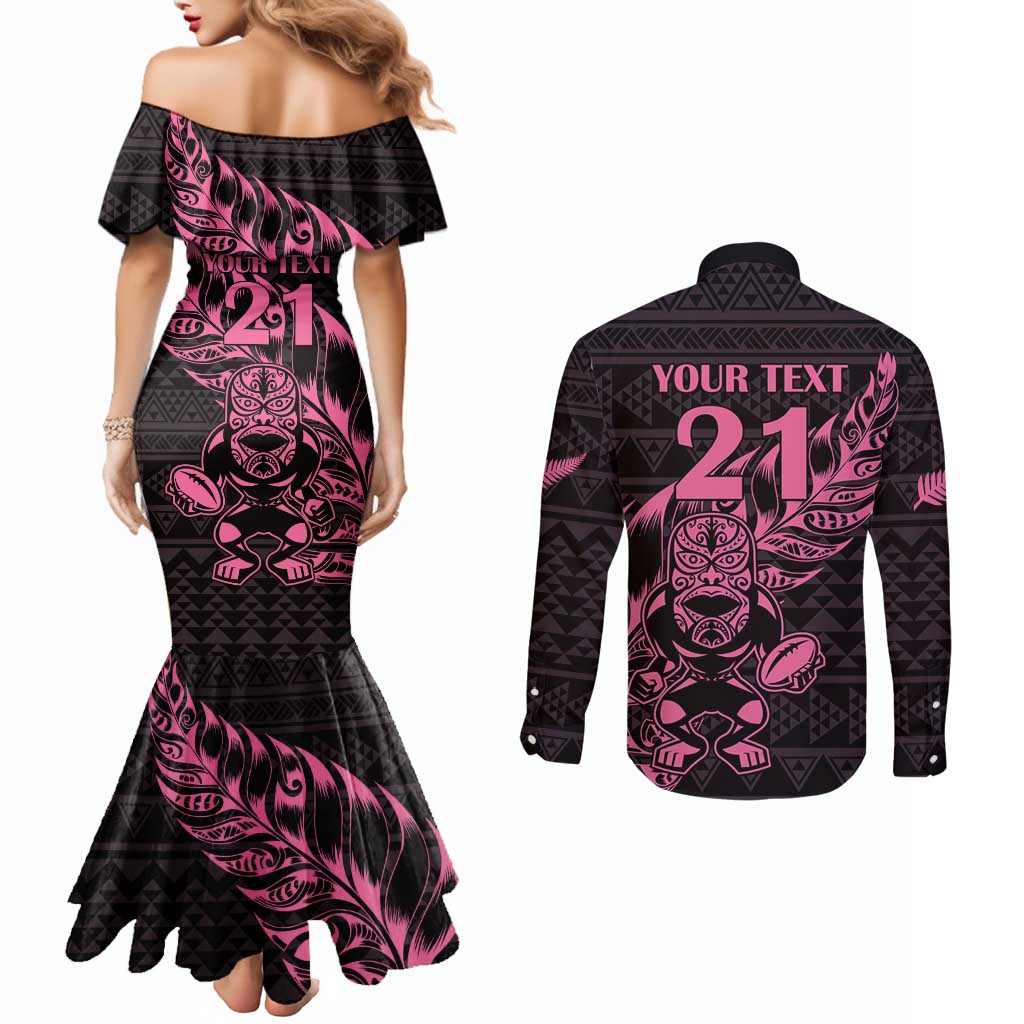 New Zealand Rugby Warrior Custom Couples Matching Mermaid Dress and Long Sleeve Button Shirt Pink Fern Taniko Motif LT9 - Polynesian Pride