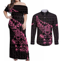 New Zealand Rugby Warrior Custom Couples Matching Off Shoulder Maxi Dress and Long Sleeve Button Shirt Pink Fern Taniko Motif LT9 Pink - Polynesian Pride