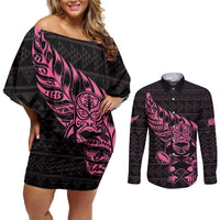 New Zealand Rugby Warrior Custom Couples Matching Off Shoulder Short Dress and Long Sleeve Button Shirt Pink Fern Taniko Motif LT9 Pink - Polynesian Pride