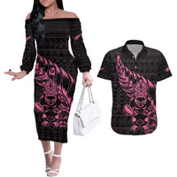 New Zealand Rugby Warrior Custom Couples Matching Off The Shoulder Long Sleeve Dress and Hawaiian Shirt Pink Fern Taniko Motif LT9 Pink - Polynesian Pride