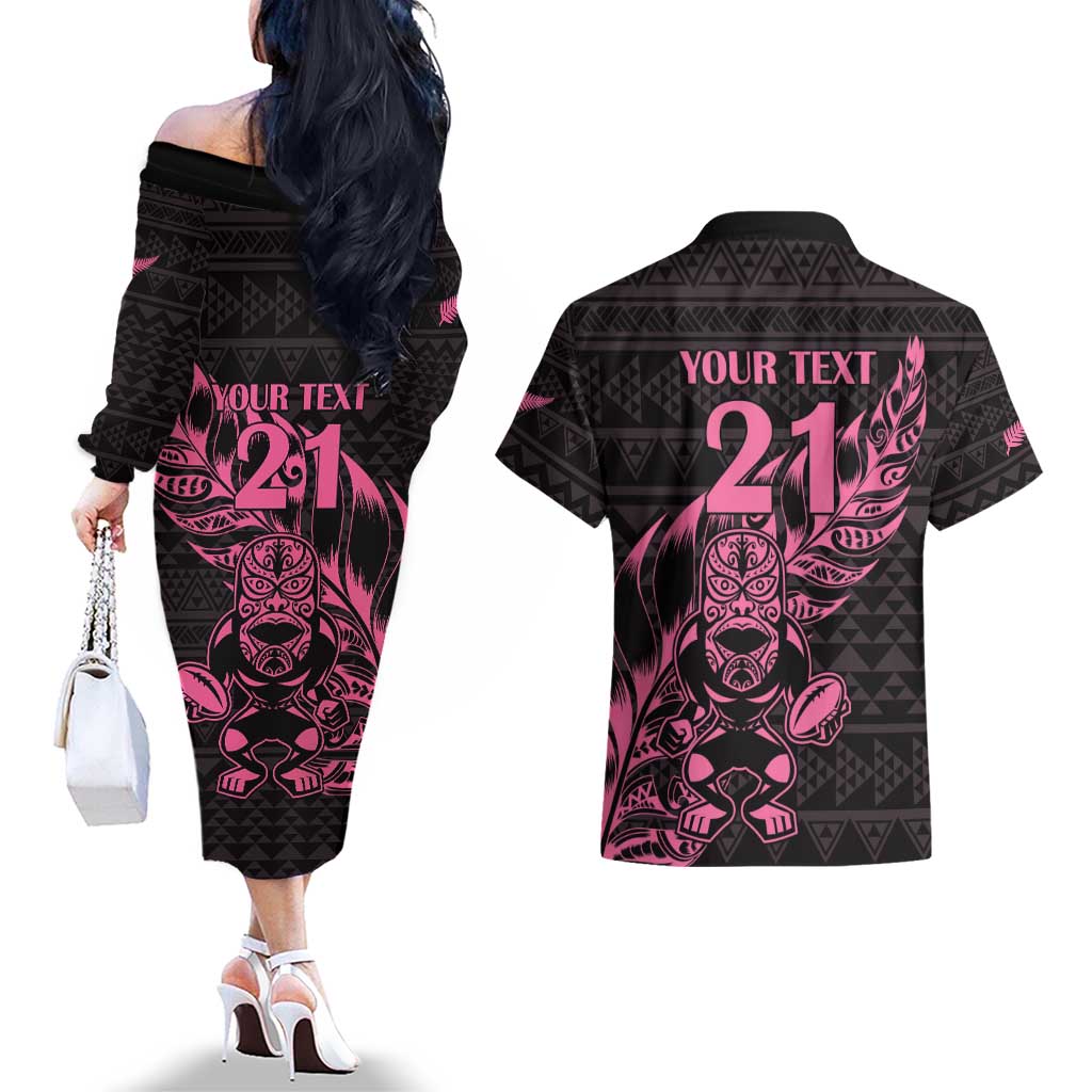 New Zealand Rugby Warrior Custom Couples Matching Off The Shoulder Long Sleeve Dress and Hawaiian Shirt Pink Fern Taniko Motif LT9 - Polynesian Pride