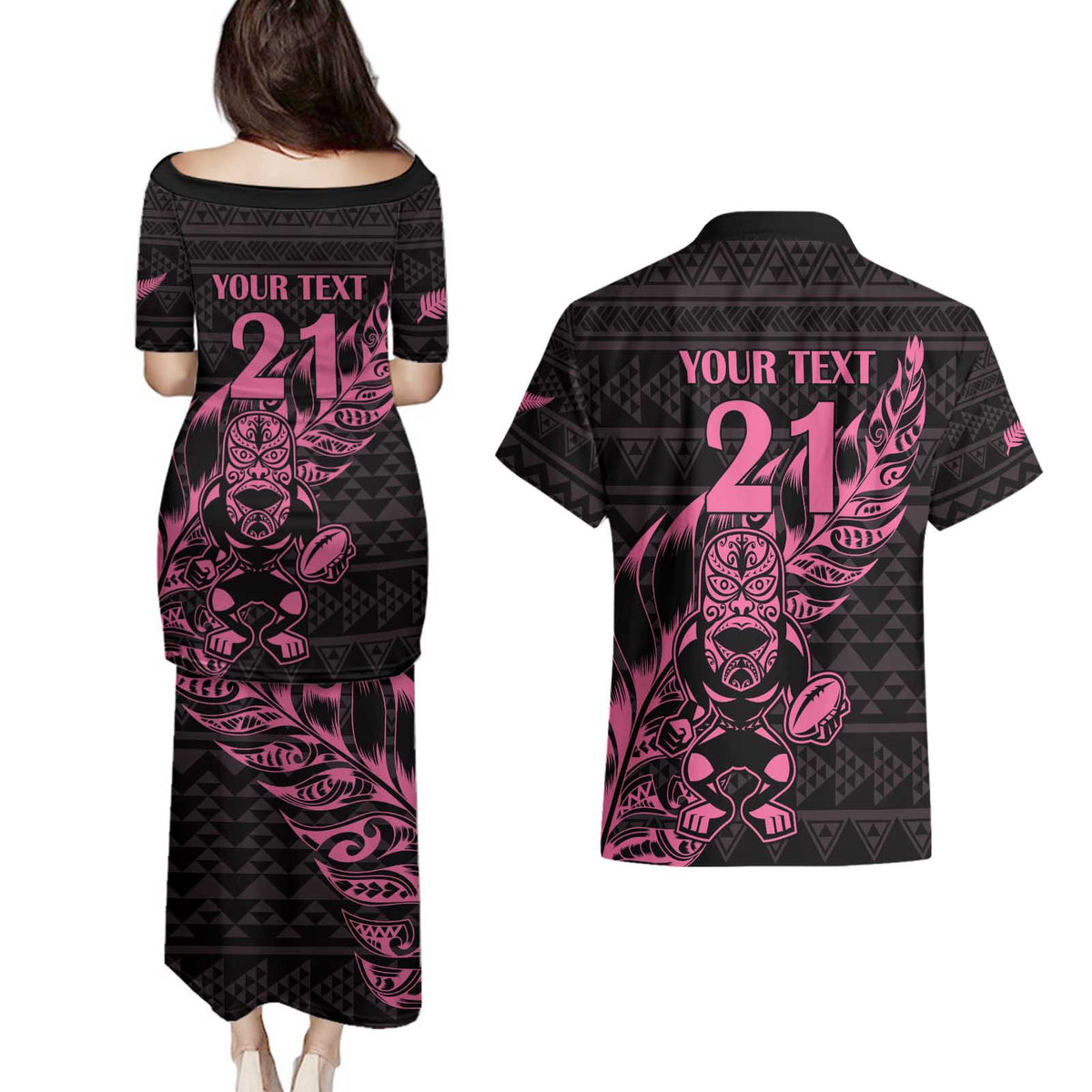 New Zealand Rugby Warrior Custom Couples Matching Puletasi and Hawaiian Shirt Pink Fern Taniko Motif LT9 - Polynesian Pride