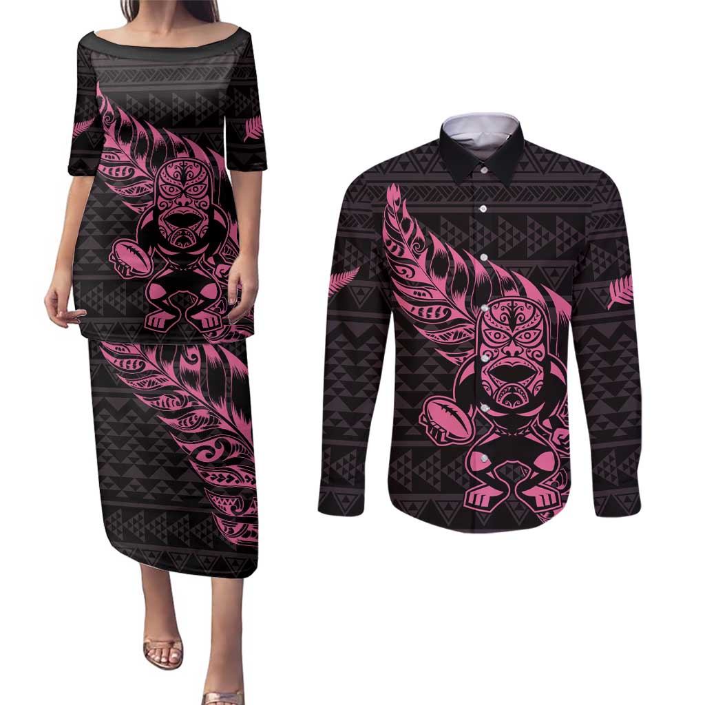 New Zealand Rugby Warrior Custom Couples Matching Puletasi and Long Sleeve Button Shirt Pink Fern Taniko Motif LT9 Pink - Polynesian Pride
