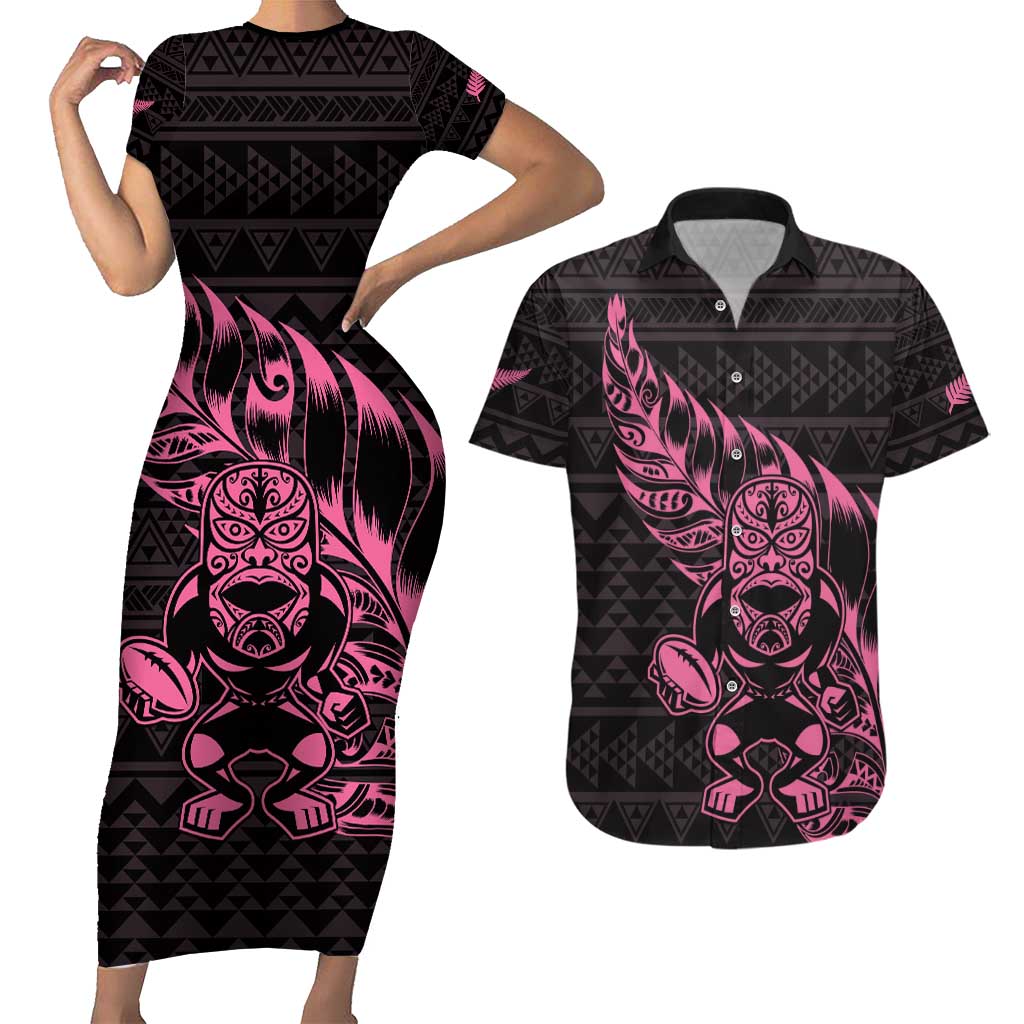 New Zealand Rugby Warrior Custom Couples Matching Short Sleeve Bodycon Dress and Hawaiian Shirt Pink Fern Taniko Motif LT9 Pink - Polynesian Pride