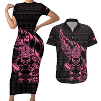New Zealand Rugby Warrior Custom Couples Matching Short Sleeve Bodycon Dress and Hawaiian Shirt Pink Fern Taniko Motif LT9 Pink - Polynesian Pride