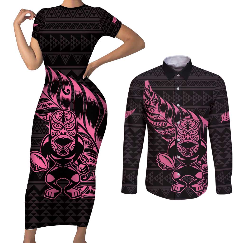 New Zealand Rugby Warrior Custom Couples Matching Short Sleeve Bodycon Dress and Long Sleeve Button Shirt Pink Fern Taniko Motif LT9 Pink - Polynesian Pride