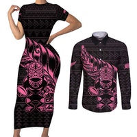 New Zealand Rugby Warrior Custom Couples Matching Short Sleeve Bodycon Dress and Long Sleeve Button Shirt Pink Fern Taniko Motif LT9 Pink - Polynesian Pride