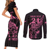 New Zealand Rugby Warrior Custom Couples Matching Short Sleeve Bodycon Dress and Long Sleeve Button Shirt Pink Fern Taniko Motif LT9 - Polynesian Pride