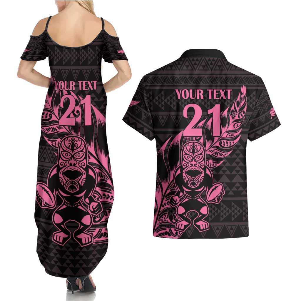 New Zealand Rugby Warrior Custom Couples Matching Summer Maxi Dress and Hawaiian Shirt Pink Fern Taniko Motif LT9 - Polynesian Pride