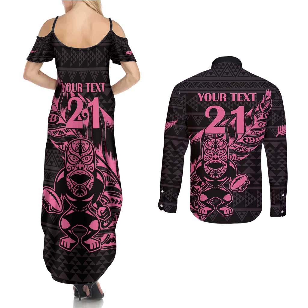 New Zealand Rugby Warrior Custom Couples Matching Summer Maxi Dress and Long Sleeve Button Shirt Pink Fern Taniko Motif LT9 - Polynesian Pride