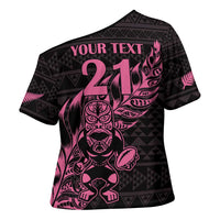 New Zealand Rugby Warrior Custom Cross Shoulder Shirt Pink Fern Taniko Motif - Polynesian Pride