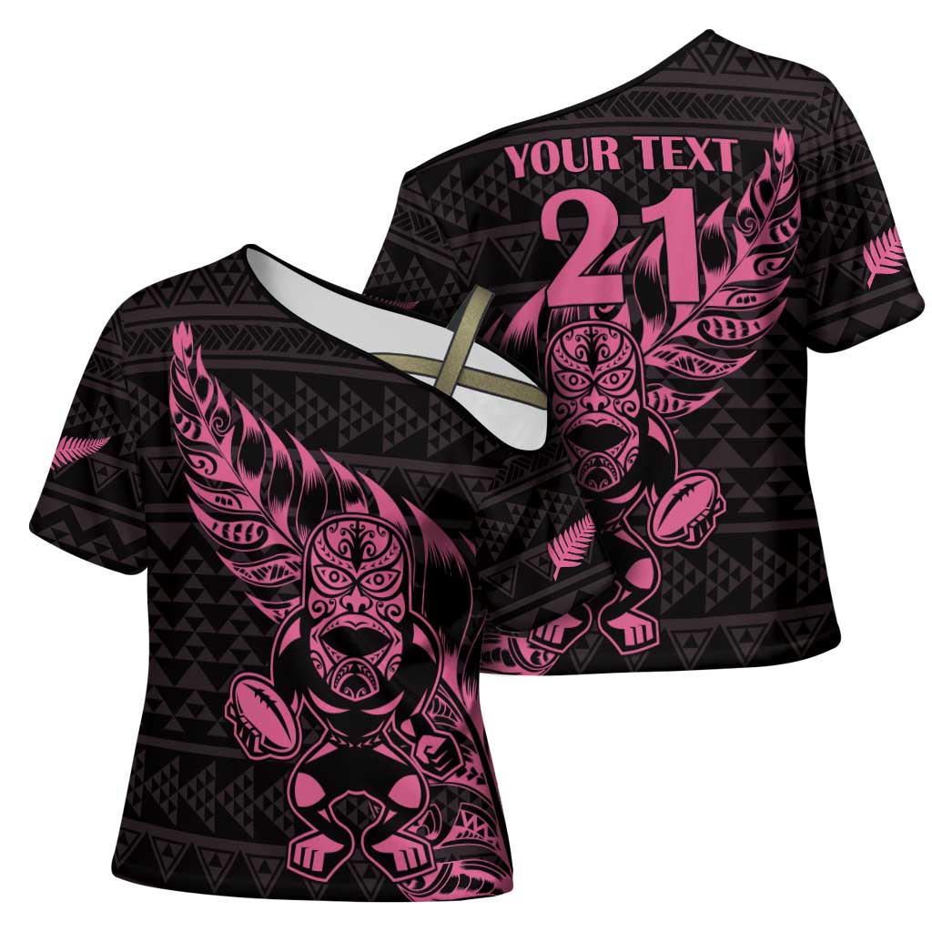 New Zealand Rugby Warrior Custom Cross Shoulder Shirt Pink Fern Taniko Motif - Polynesian Pride