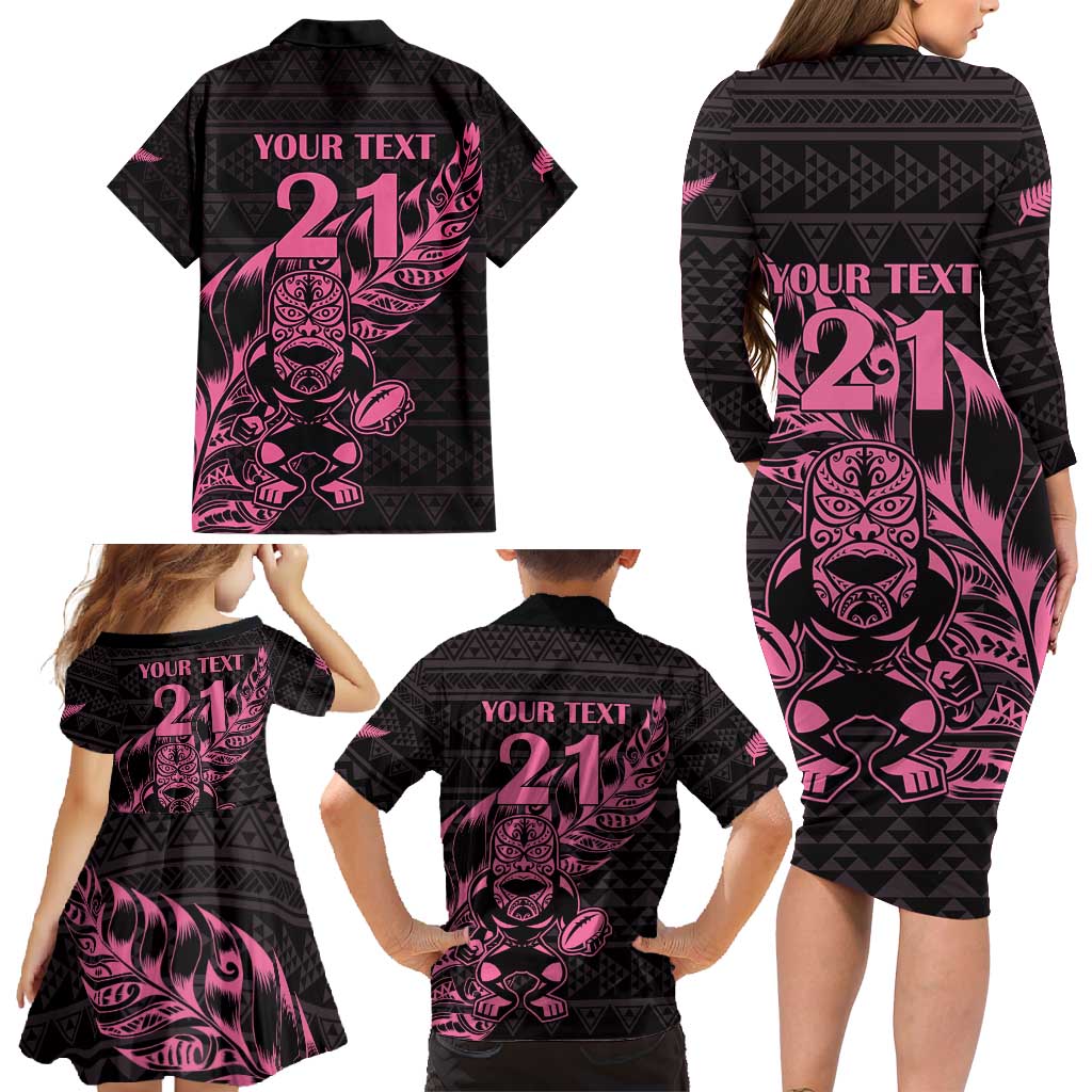 New Zealand Rugby Warrior Custom Family Matching Long Sleeve Bodycon Dress and Hawaiian Shirt Pink Fern Taniko Motif LT9 - Polynesian Pride