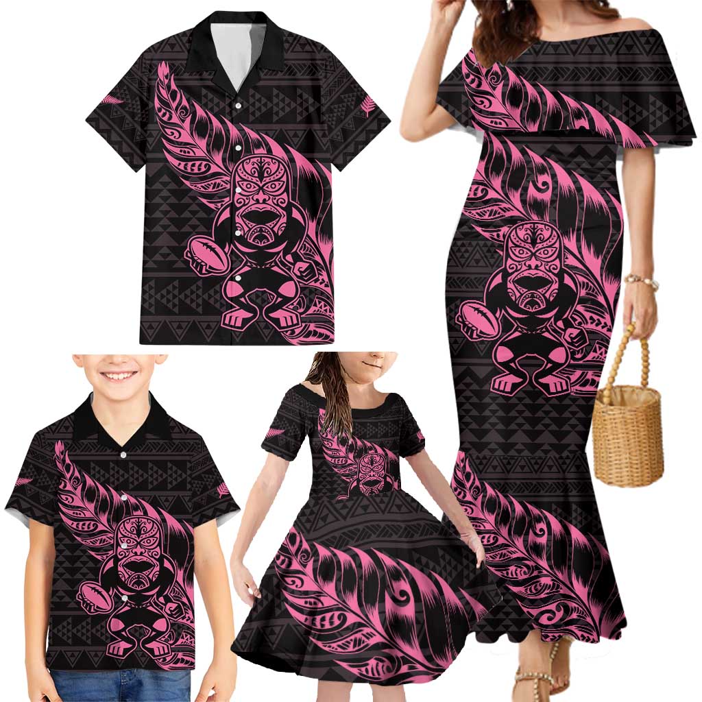 New Zealand Rugby Warrior Custom Family Matching Mermaid Dress and Hawaiian Shirt Pink Fern Taniko Motif LT9 - Polynesian Pride