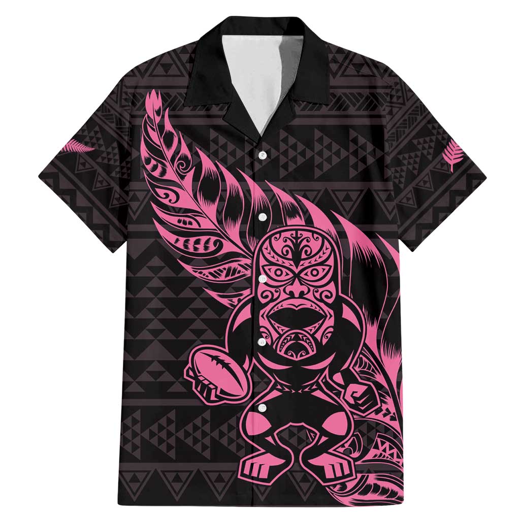 New Zealand Rugby Warrior Custom Family Matching Mermaid Dress and Hawaiian Shirt Pink Fern Taniko Motif LT9 Dad's Shirt - Short Sleeve Pink - Polynesian Pride