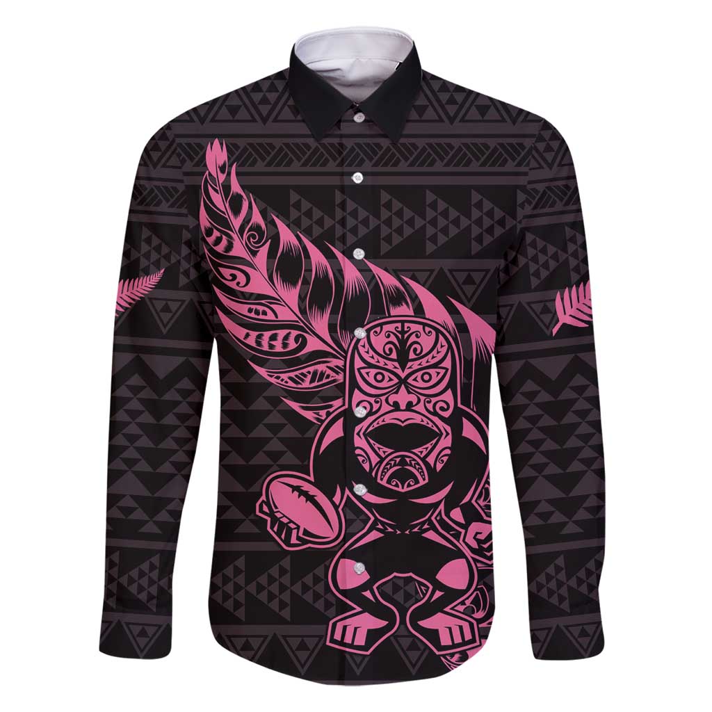New Zealand Rugby Warrior Custom Family Matching Mermaid Dress and Hawaiian Shirt Pink Fern Taniko Motif LT9 Dad's Shirt - Long Sleeve Pink - Polynesian Pride