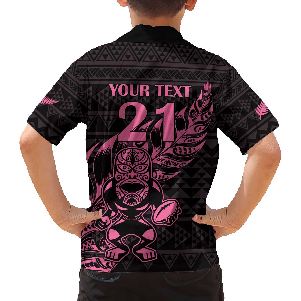New Zealand Rugby Warrior Custom Family Matching Off The Shoulder Long Sleeve Dress and Hawaiian Shirt Pink Fern Taniko Motif LT9 - Polynesian Pride
