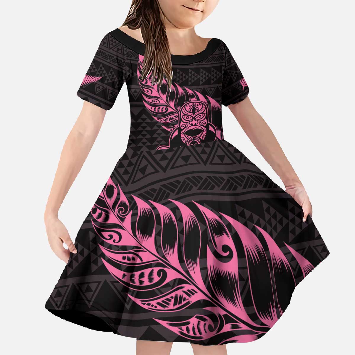 New Zealand Rugby Warrior Custom Family Matching Off The Shoulder Long Sleeve Dress and Hawaiian Shirt Pink Fern Taniko Motif LT9 Daughter's Dress Pink - Polynesian Pride
