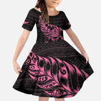 New Zealand Rugby Warrior Custom Family Matching Off The Shoulder Long Sleeve Dress and Hawaiian Shirt Pink Fern Taniko Motif LT9 Daughter's Dress Pink - Polynesian Pride