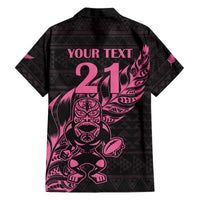 New Zealand Rugby Warrior Custom Family Matching Off The Shoulder Long Sleeve Dress and Hawaiian Shirt Pink Fern Taniko Motif LT9 - Polynesian Pride