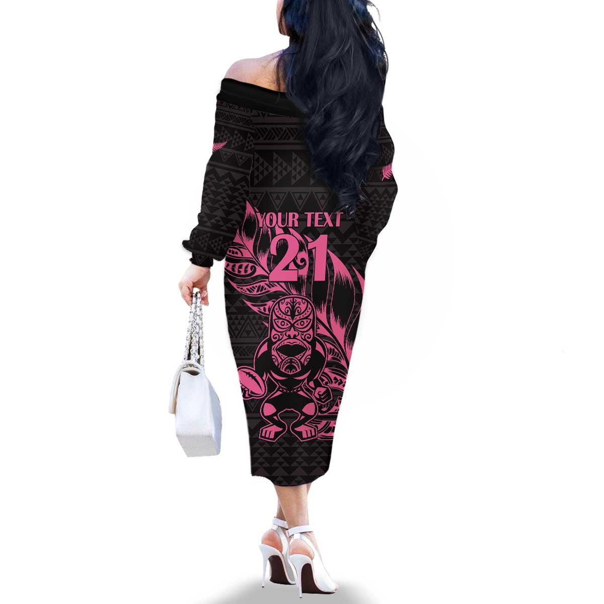 New Zealand Rugby Warrior Custom Family Matching Off The Shoulder Long Sleeve Dress and Hawaiian Shirt Pink Fern Taniko Motif LT9 - Polynesian Pride
