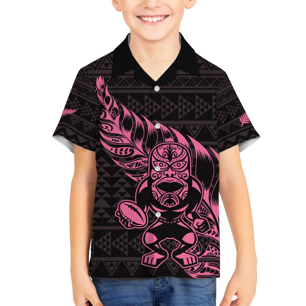 New Zealand Rugby Warrior Custom Family Matching Off The Shoulder Long Sleeve Dress and Hawaiian Shirt Pink Fern Taniko Motif LT9 Son's Shirt Pink - Polynesian Pride