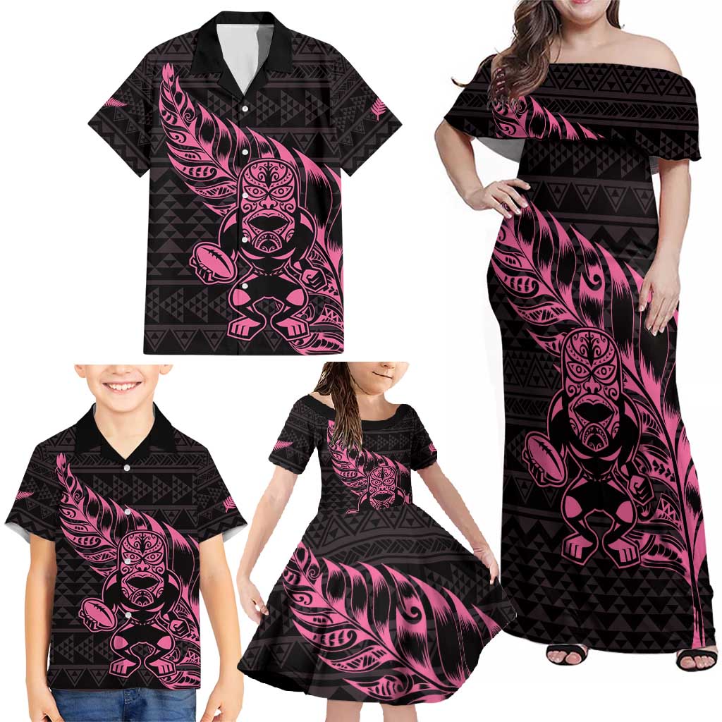 New Zealand Rugby Warrior Custom Family Matching Off Shoulder Maxi Dress and Hawaiian Shirt Pink Fern Taniko Motif LT9 - Polynesian Pride