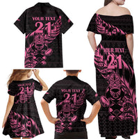 New Zealand Rugby Warrior Custom Family Matching Off Shoulder Maxi Dress and Hawaiian Shirt Pink Fern Taniko Motif LT9 - Polynesian Pride