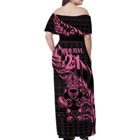 New Zealand Rugby Warrior Custom Family Matching Off Shoulder Maxi Dress and Hawaiian Shirt Pink Fern Taniko Motif LT9 - Polynesian Pride