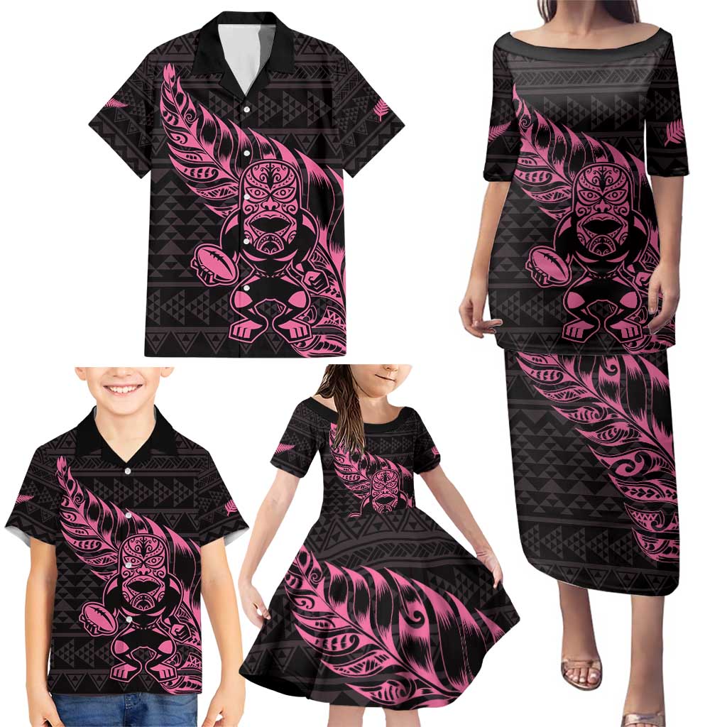 New Zealand Rugby Warrior Custom Family Matching Puletasi and Hawaiian Shirt Pink Fern Taniko Motif LT9 - Polynesian Pride