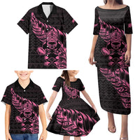 New Zealand Rugby Warrior Custom Family Matching Puletasi and Hawaiian Shirt Pink Fern Taniko Motif LT9 - Polynesian Pride